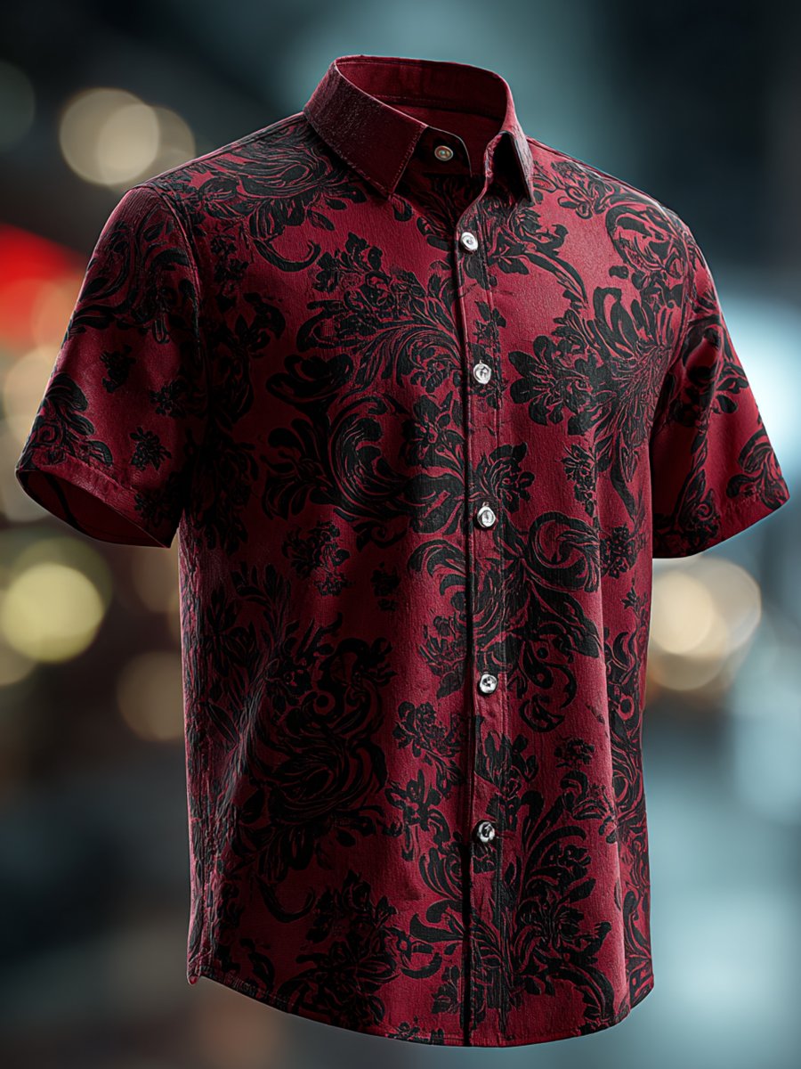 Camisa ejecutivo casual Black floral solapa de manga corta para hombre