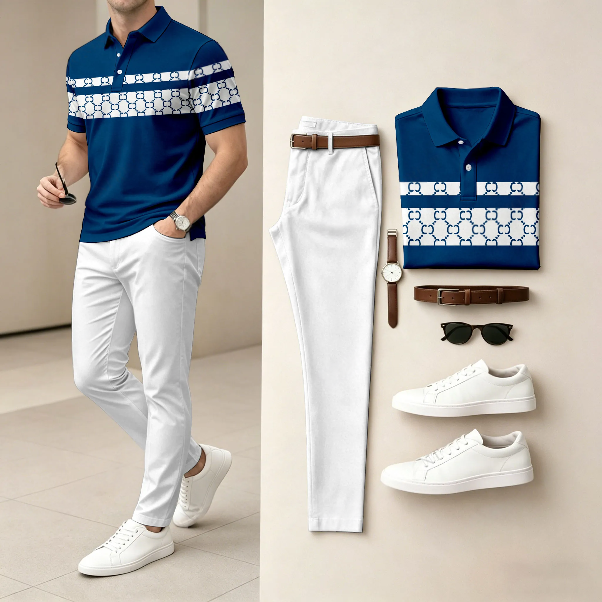 Conjunto de dos piezas Light And Mature Style, Simple Color Matching de manga corta camisa polo & pantalón para hombre