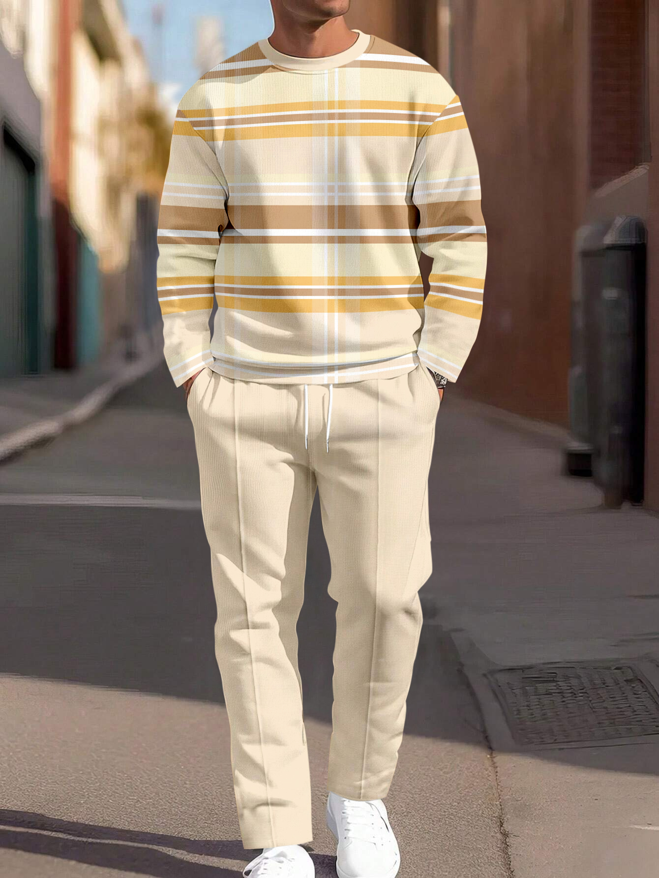 Simple Colorblock Round Neck casual Sports Set 071 para hombre