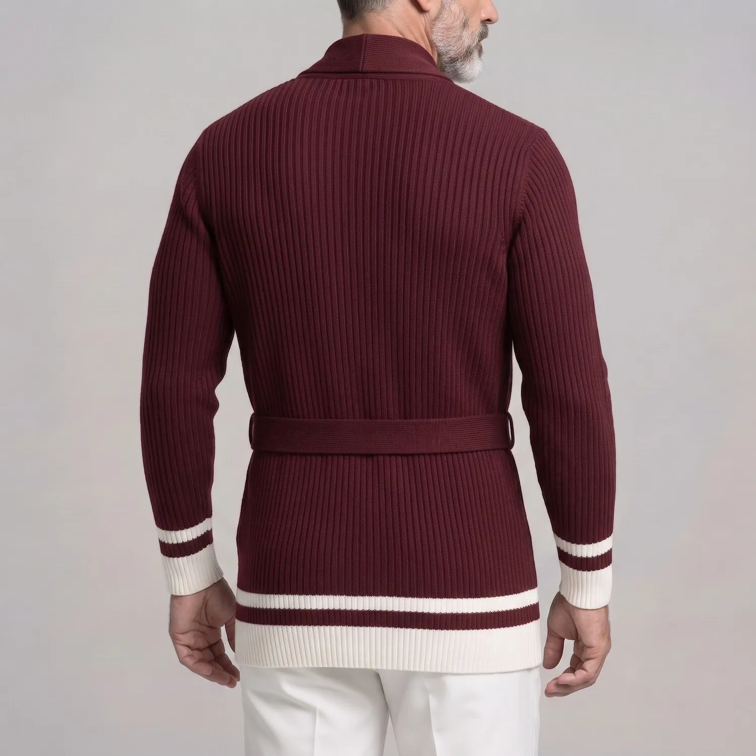 para hombre casual Shawl Collar Ribbed tejido Self Tie Belt Contrast a rayas de manga larga Open Front Cardigan