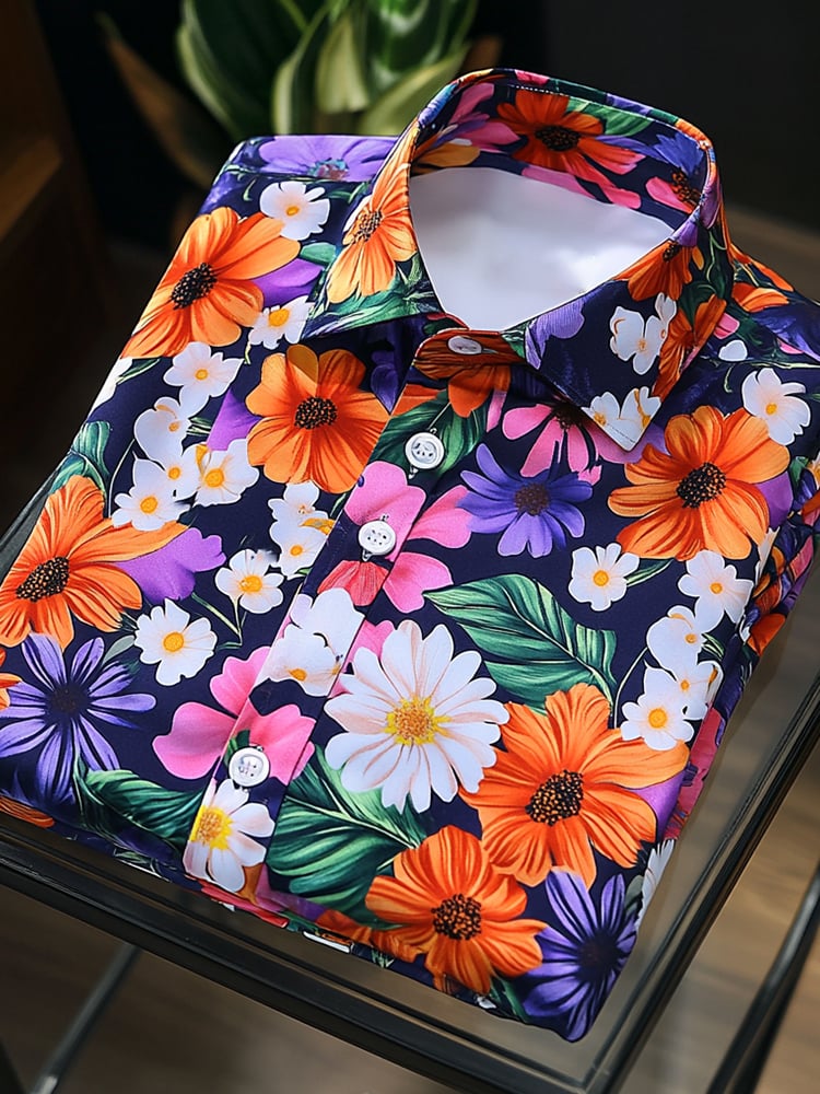 Camisa satén Luxe hawaiano floral de manga corta con botones para hombre