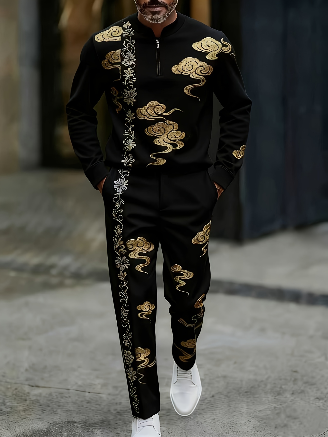 Conjunto de dos piezas casual Color Matching estampado Round-Neck Zipper de manga larga Trousers para hombre