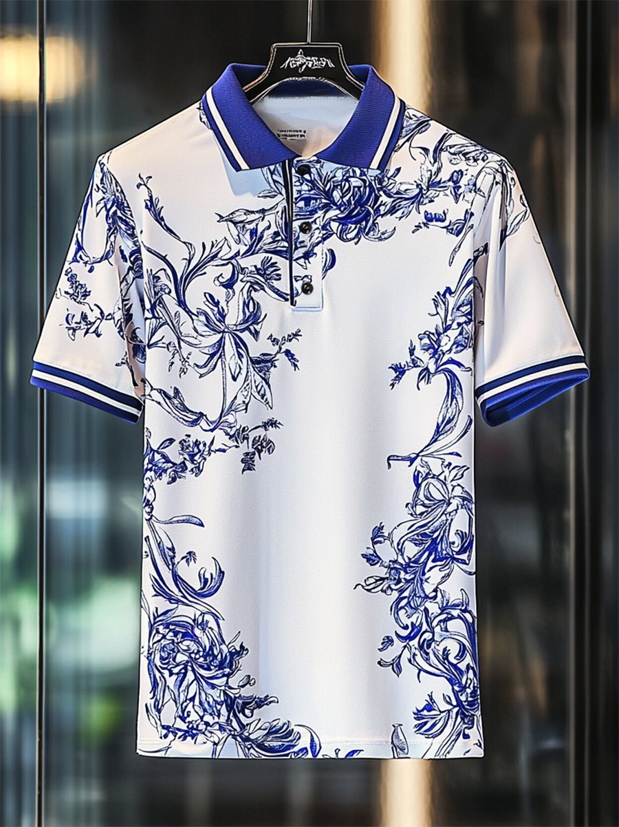 Camisa polo Resort floral estampado Button de manga corta para hombre