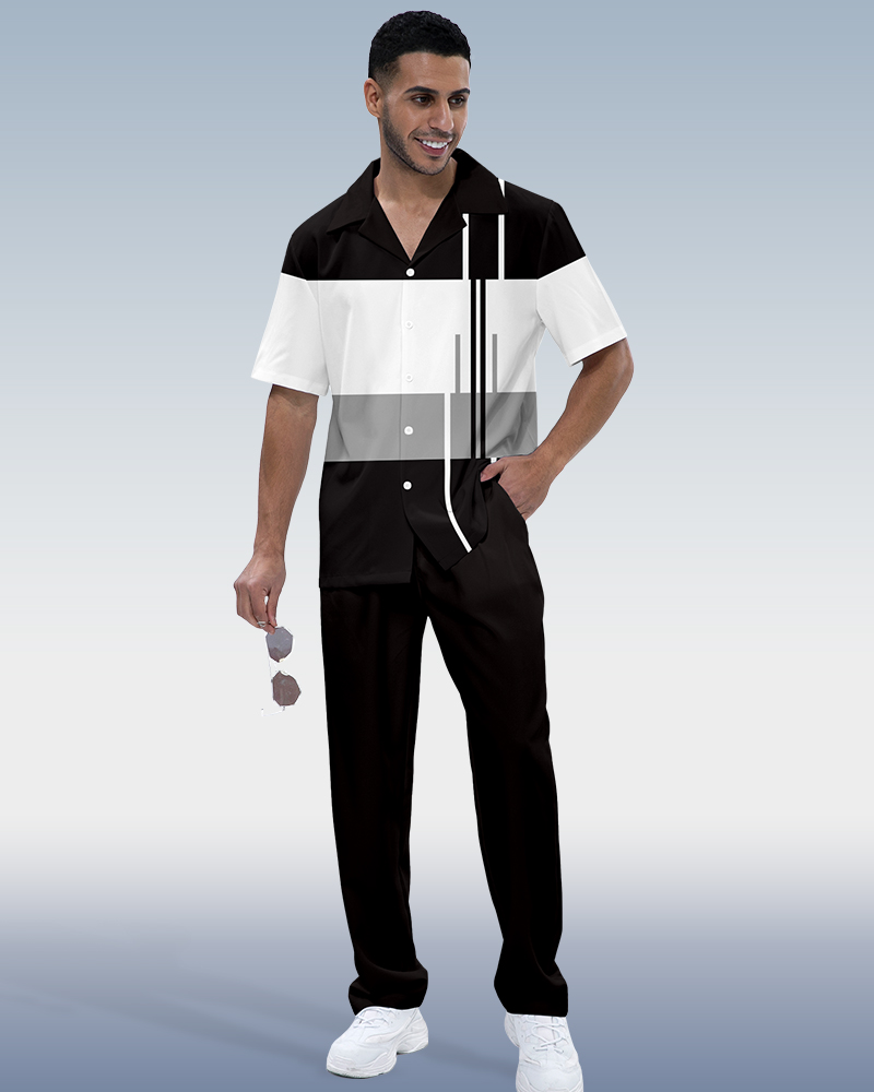 Camisa en bloques de color estampado de manga corta Walking Suit 926 para hombre