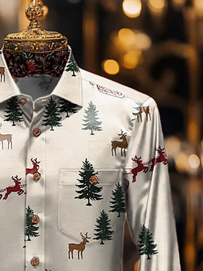 De lujo Christmas Contrast estampado de manga larga Pockecamiseta para hombre