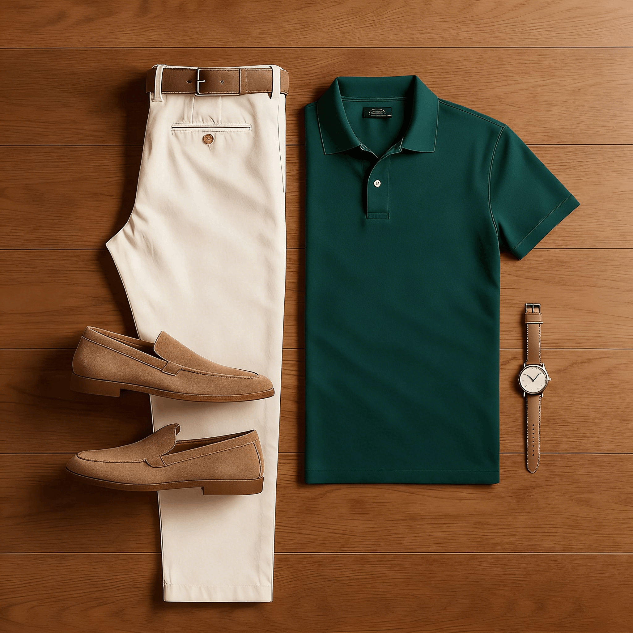 Conjunto de dos piezas casual Green & Apricot de color sólido Matching Sport de manga corta camisa polo & Trousers para hombre