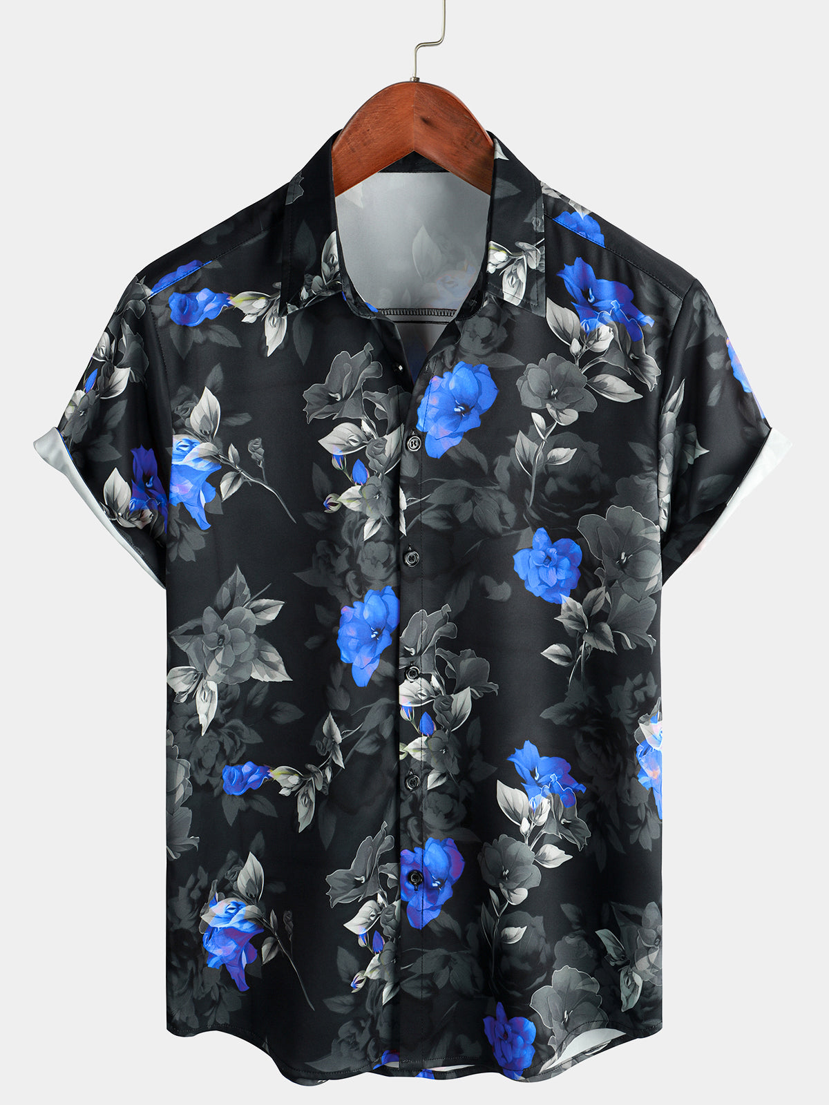 Camisa Summer casual Blue floral Button Up de manga corta Holiday Cool Beach para hombre