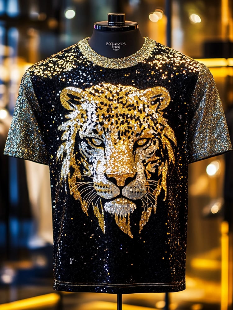 Camiseta Leopard Sequin ejecutivo estampado de manga corta para hombre