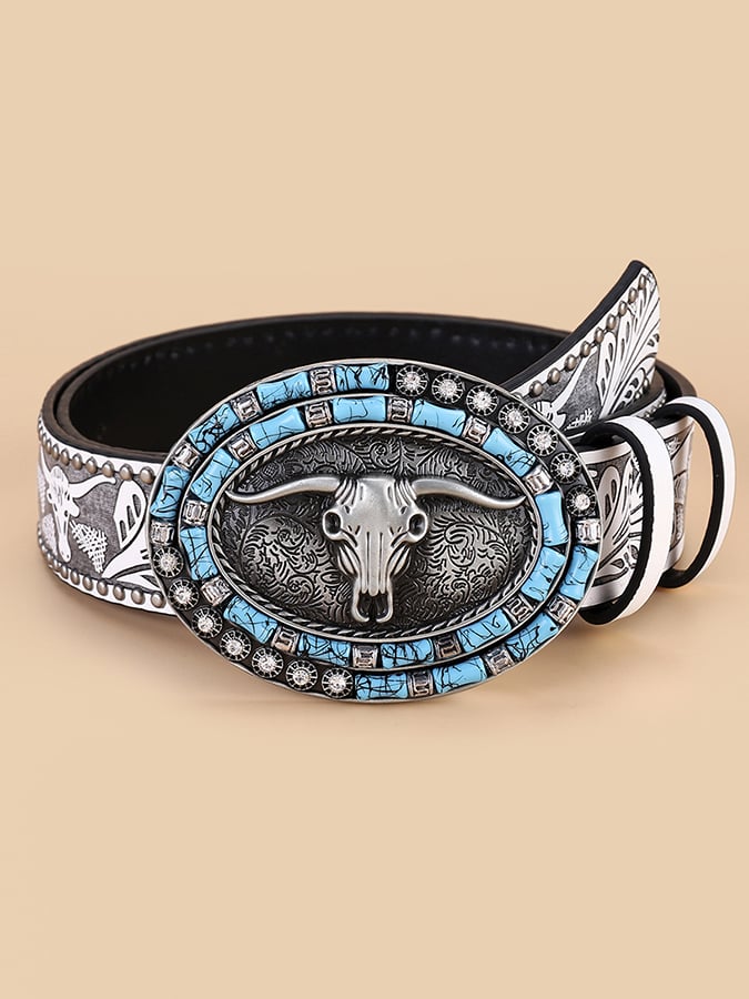 Cinturón retro Western Style Cow Head Beaded Embossed Decorative
