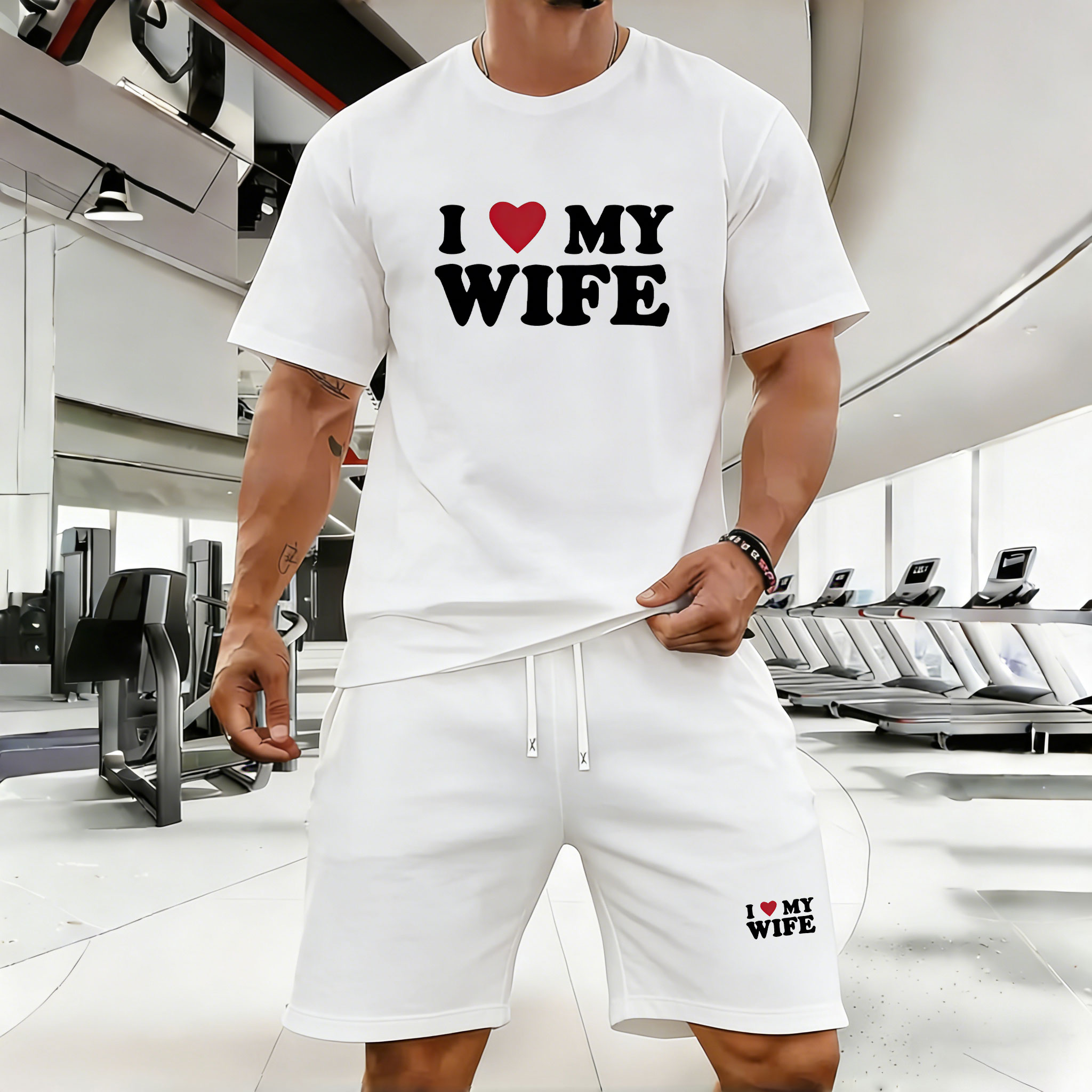 Conjunto de dos piezas casual White Letters Crew Neck de manga corta camisa And shorts para hombre