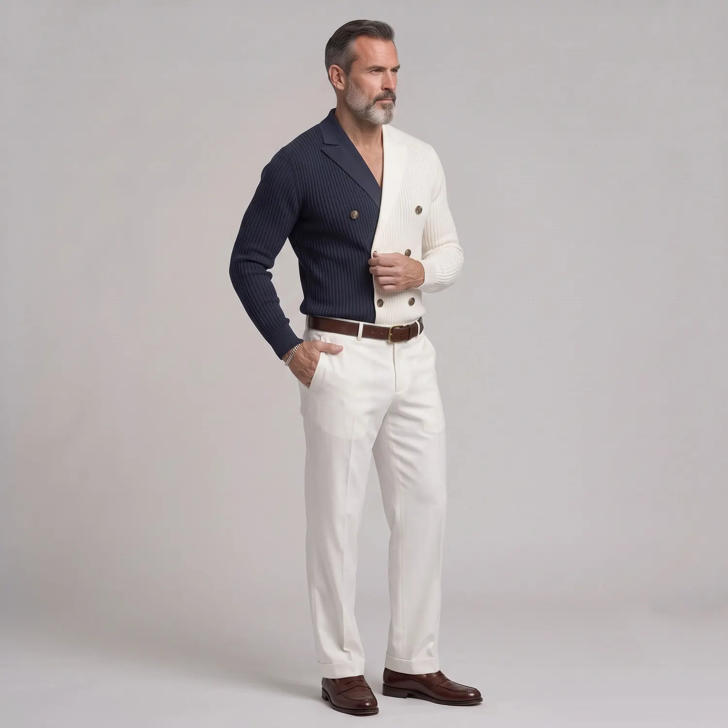 para hombre Colorblock Ribbed tejido Double-Breasted Lapel Collar Slim Ficamiseta