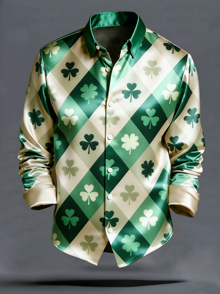 Camisa de lujo St. Patrick's Day Shamrock estampado de manga larga para hombre