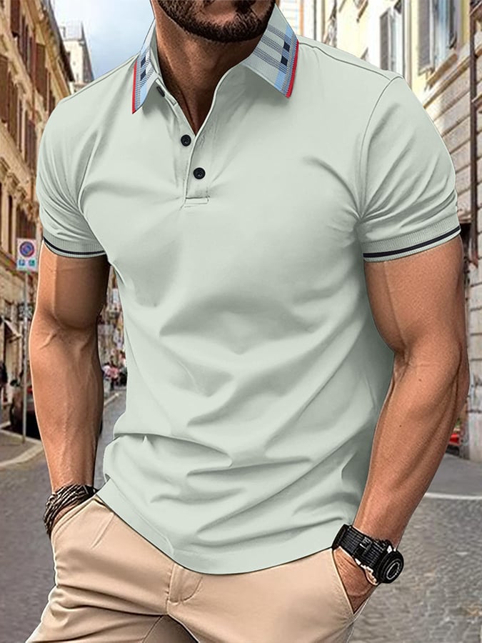 Camisa polo acanalado floral cuello de color sólido Button Up de manga corta para hombre