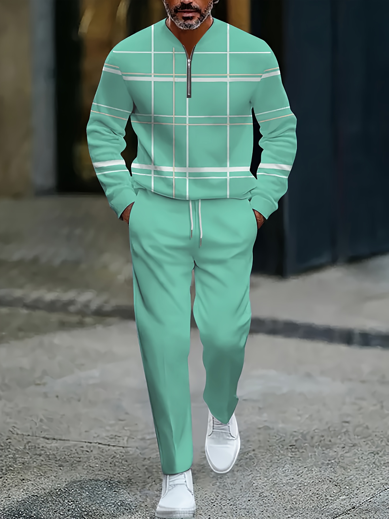 Conjunto de dos piezas casual Color Matching estampado Round-Neck Zipper de manga larga Trousers para hombre