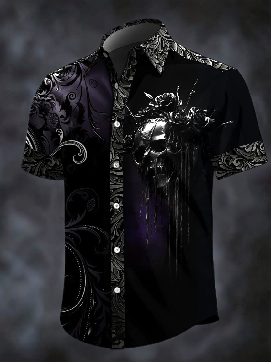 Camisa retro Horror Skull estampado solapa de manga corta para hombre