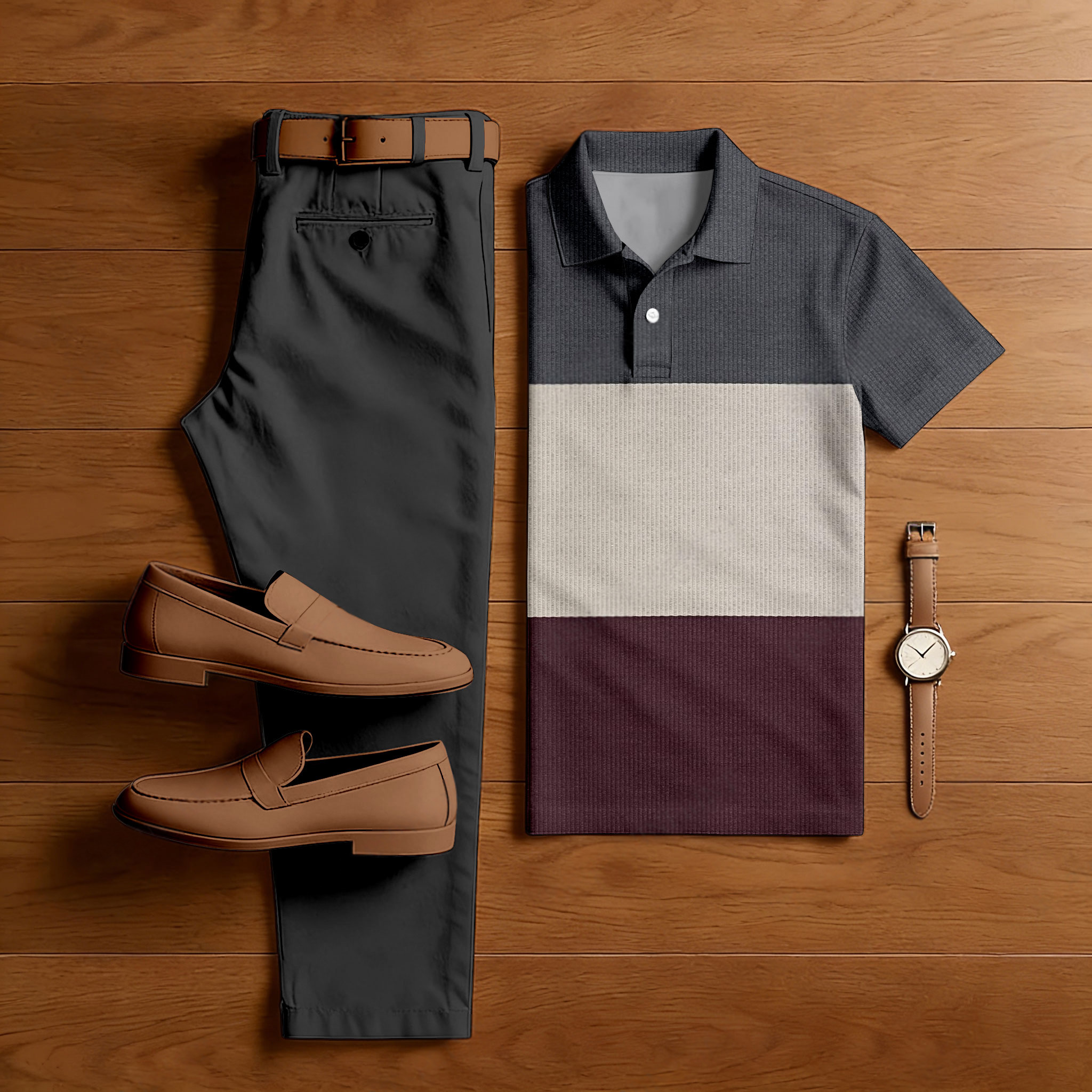 Conjunto de dos piezas casual Dark Gray Beige Deep Red Color Matching estampado de manga corta camisa polo & Trousers para hombre