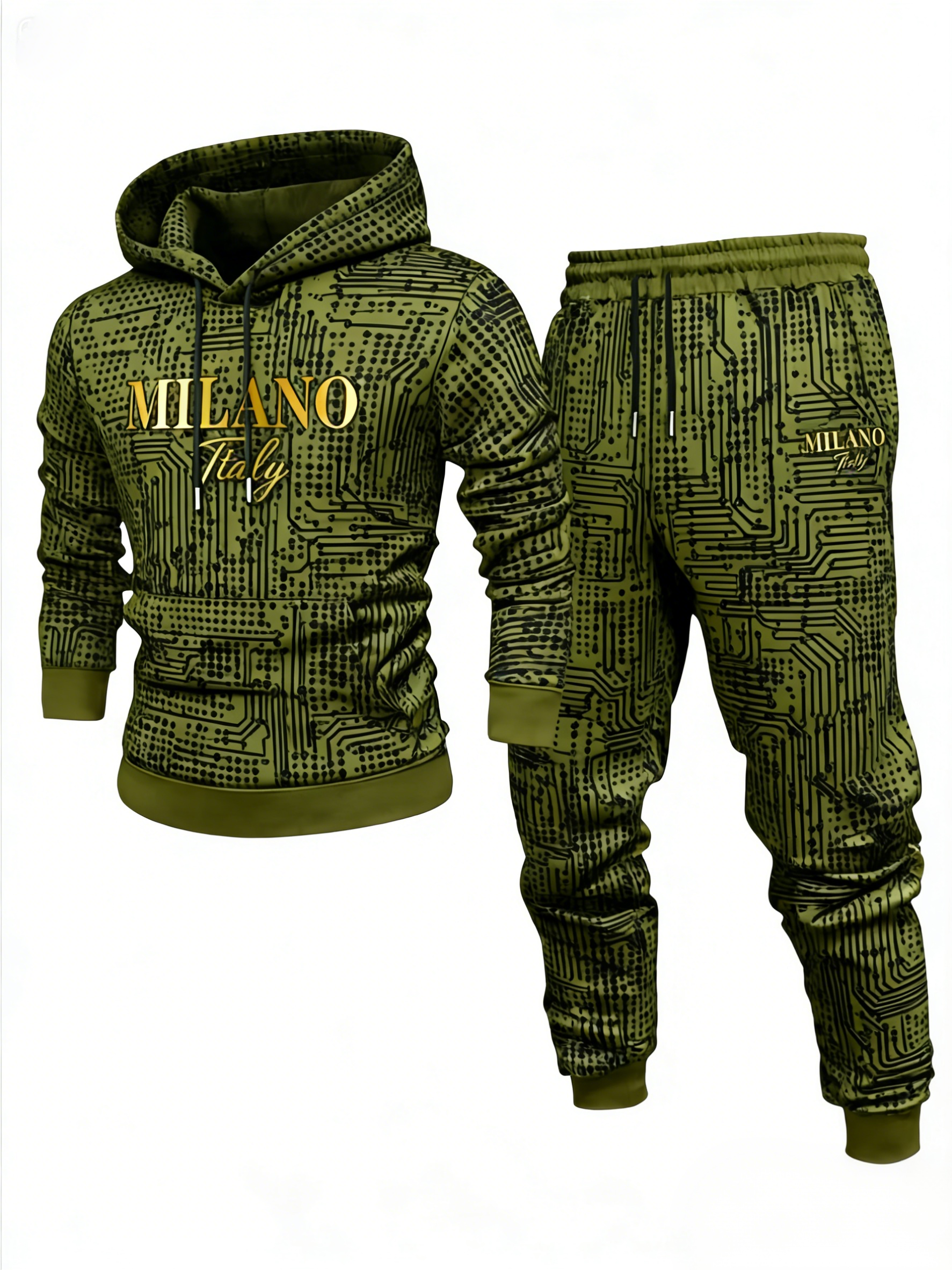 Conjunto de dos piezas casual Green & Black Color Polka Dots estampado sudadera con capuchas de manga larga sudaderas & Sweatpantalón para hombre