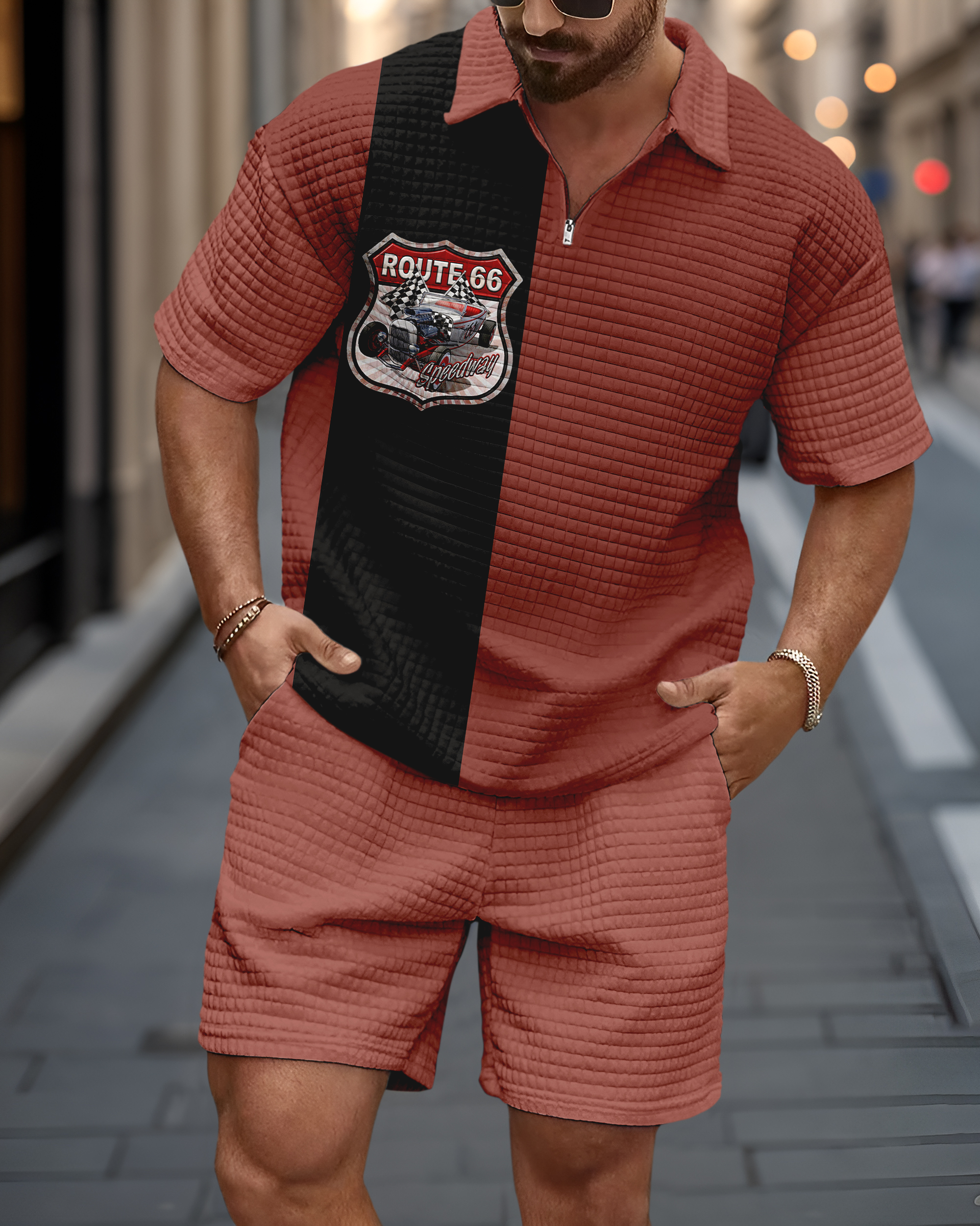 Casual Art estampado Waffle Texture Summer Polo Set 070 para hombre