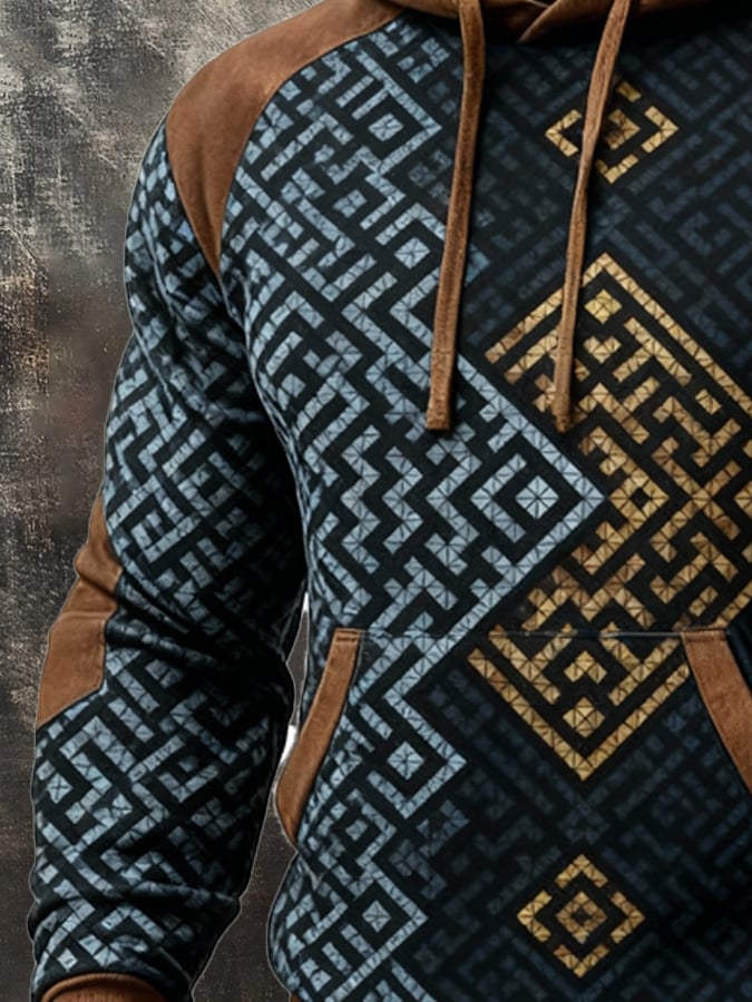 Sudadera retro desgastado en bloques de color estampado casual de manga larga para hombre