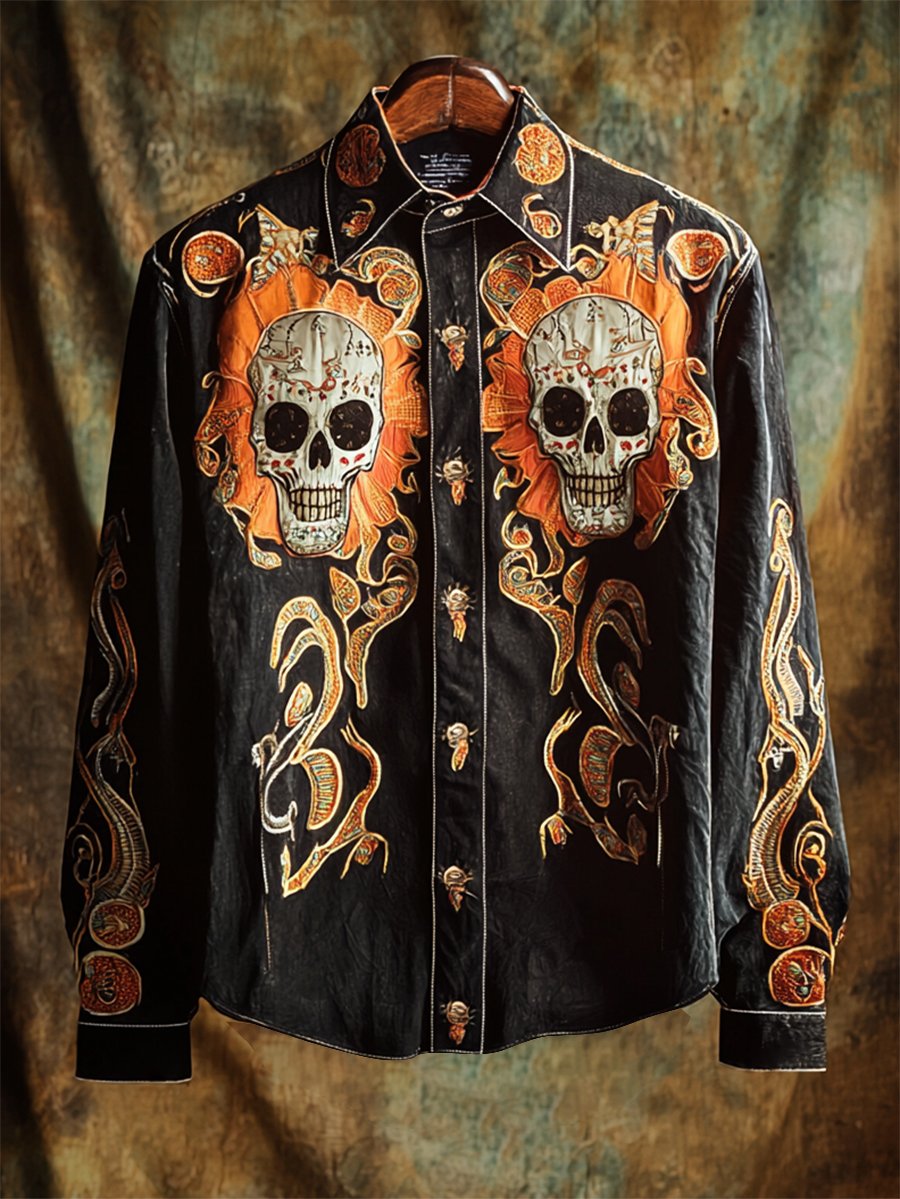 Camisa retro casual Skull estampado de manga larga para hombre