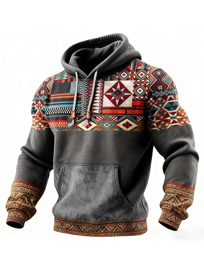 Sudadera casual retro a cuadros estampado de manga larga Hooded para hombre