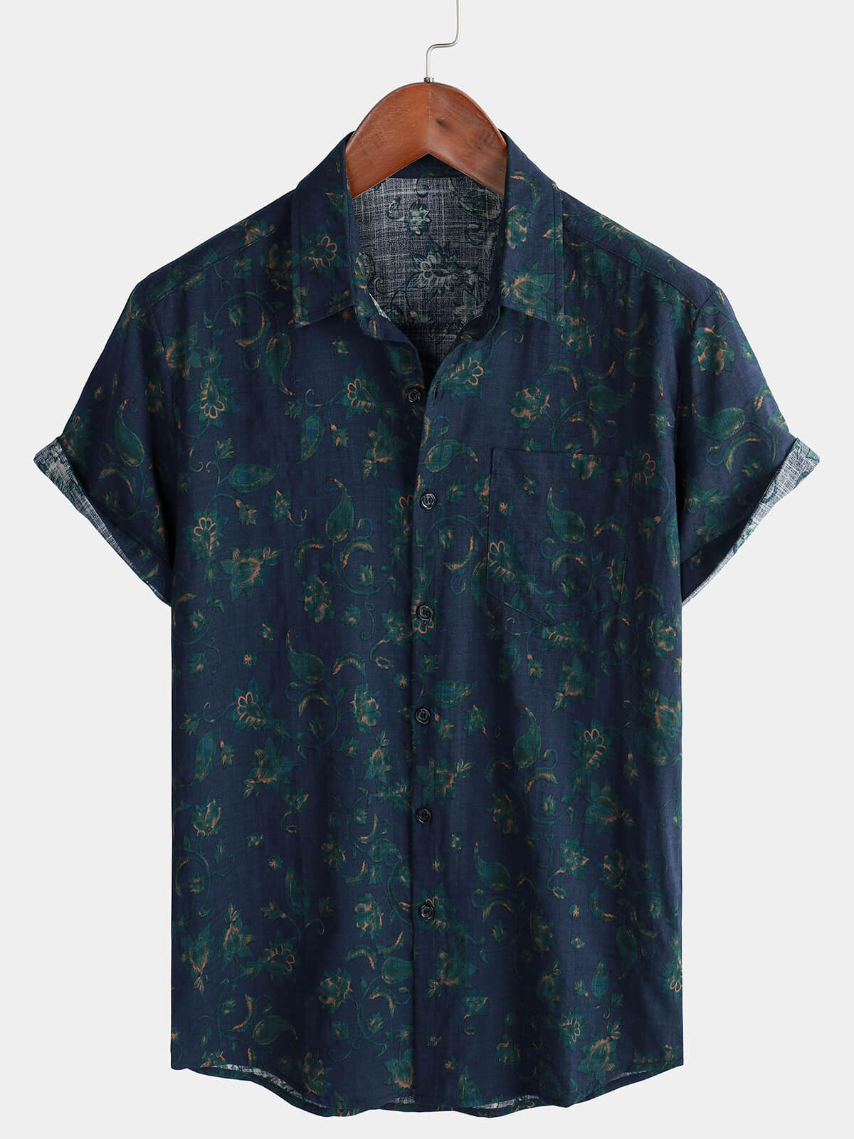 Camisa Blue floral Holiday casual Pocket de manga corta Button Up para hombre