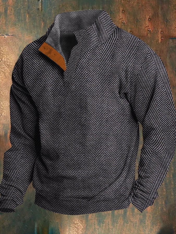 Sudadera Western vintage jacquard Herringbone Design Stand cuello Button (Non-estampado) para hombre
