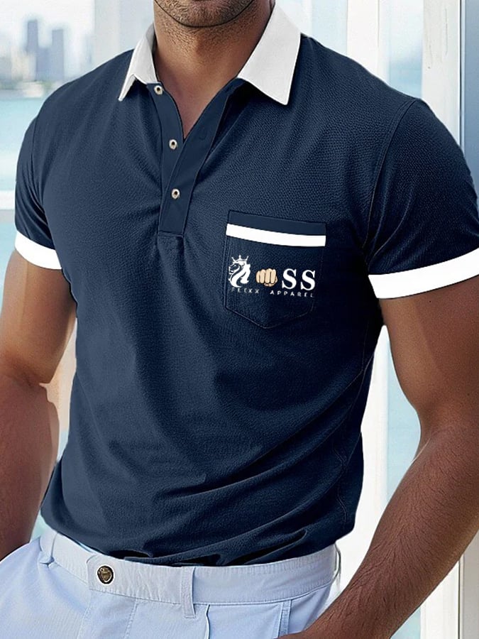 Camisa polo casual Comfortable transpirable retro Letter estampado with bolsillos para hombre