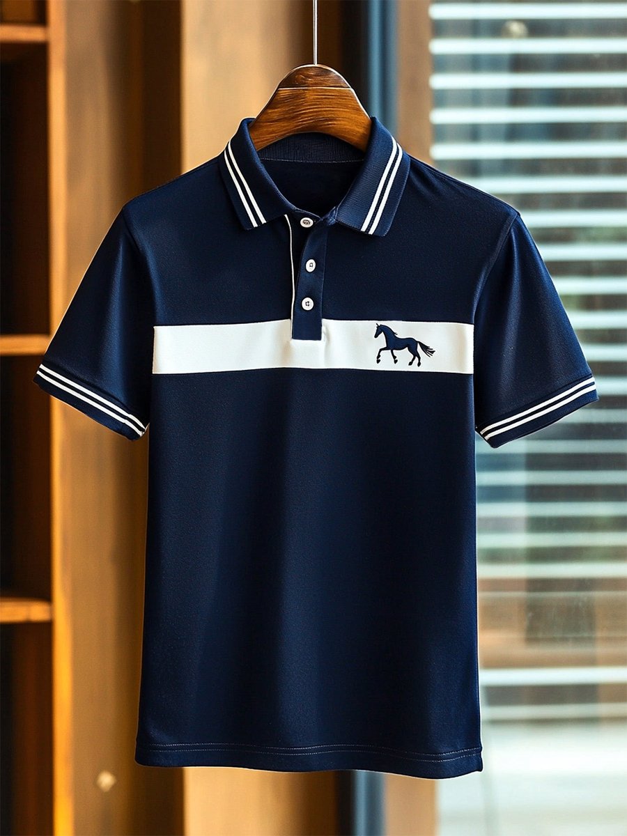 Camisa polo ejecutivo rayas Logo con botones de manga corta para hombre