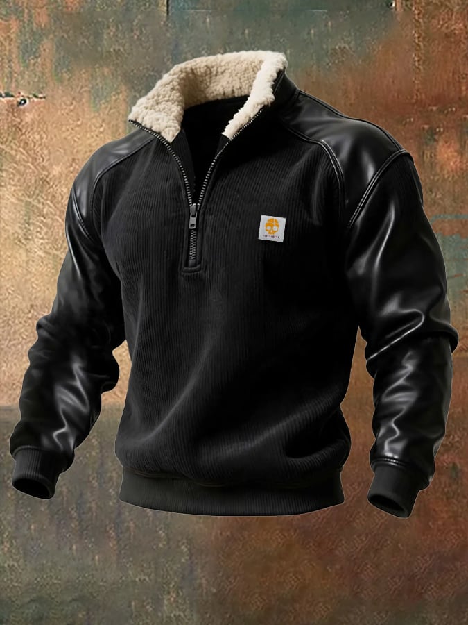 Sudadera vintage pana cuero Stitching cierre Fur cuello para hombre