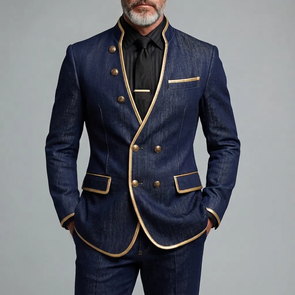 para hombre Navy Blue Denim Contrast Piping Stand Collar Double-Breasted chaqueta