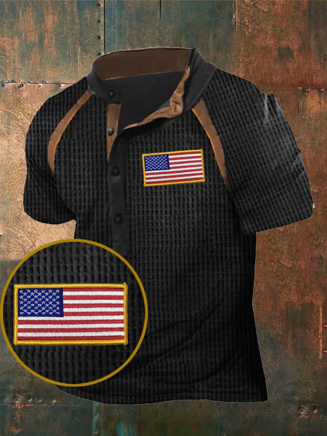Camiseta USA Flag estampado Waffle casual para hombre