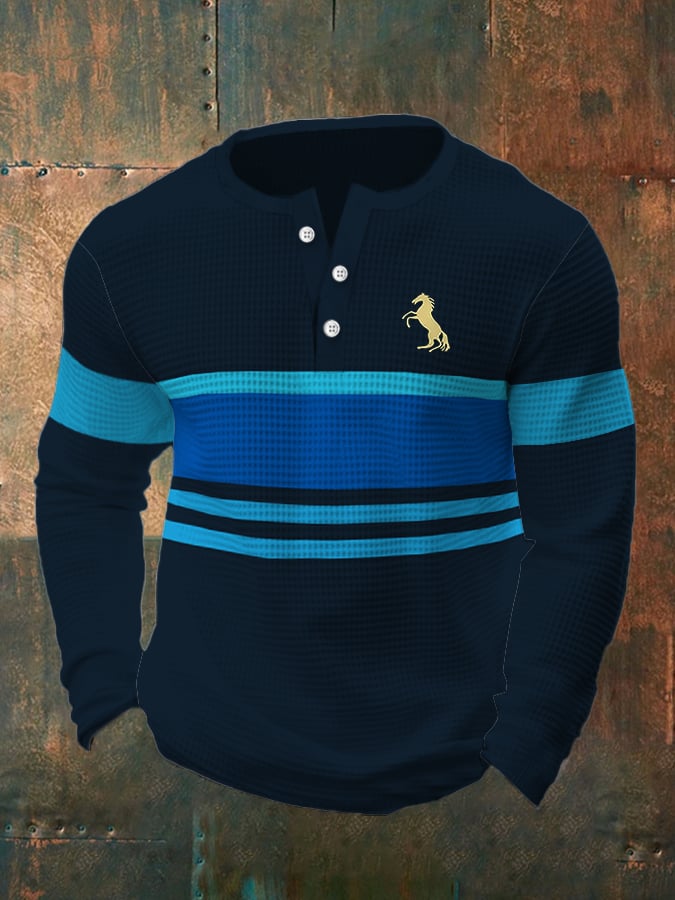 Camiseta vintage Waffle Color Patch Henley Neck para hombre
