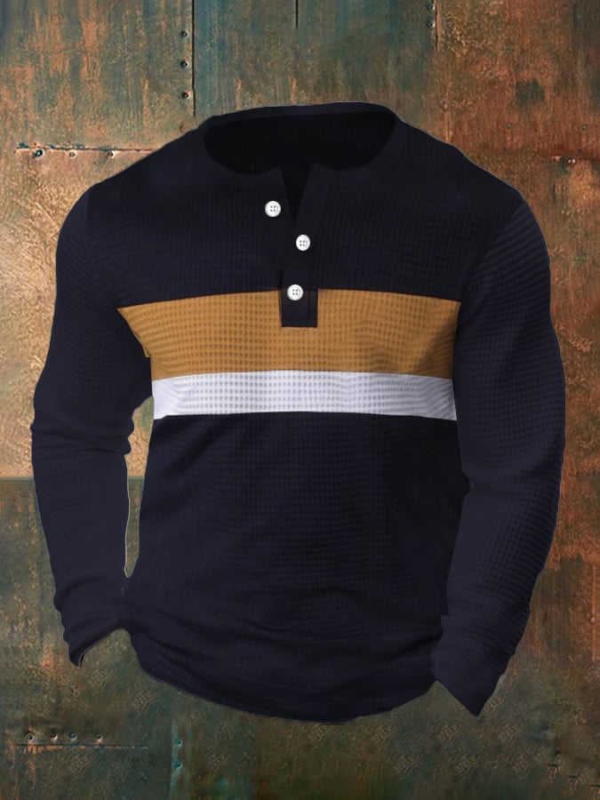 Camiseta vintage Waffle Color Patch Henley Neck para hombre