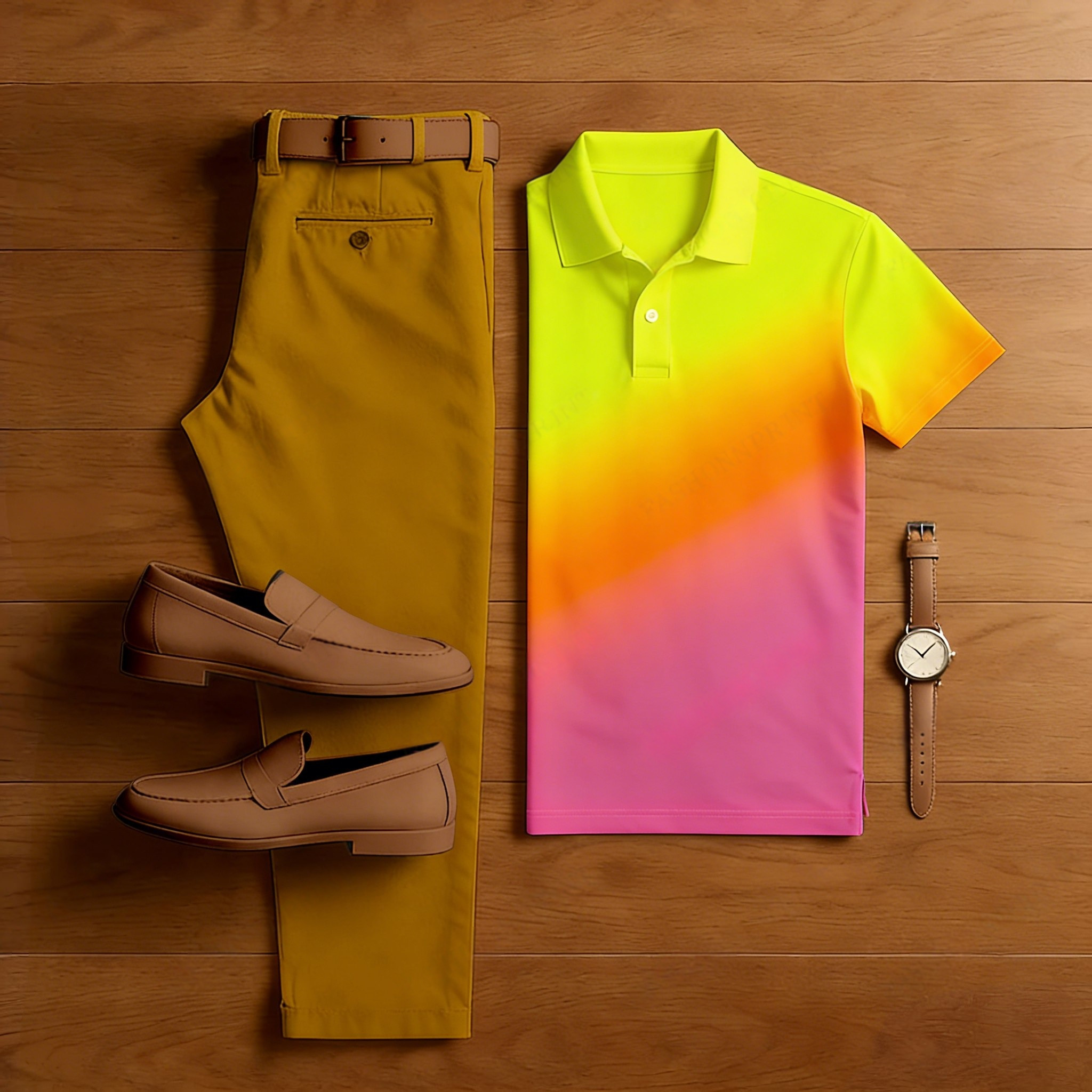 Conjunto de dos piezas casual yellow-orange-pink gradient estampado camisa polo and trousers para hombre