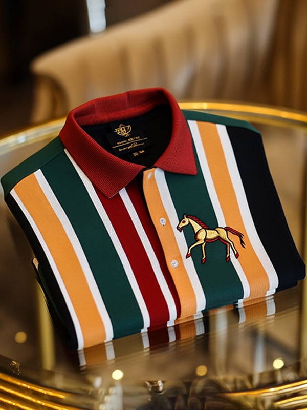 Camisa polo retro ejecutivo rayas estampado de manga larga para hombre