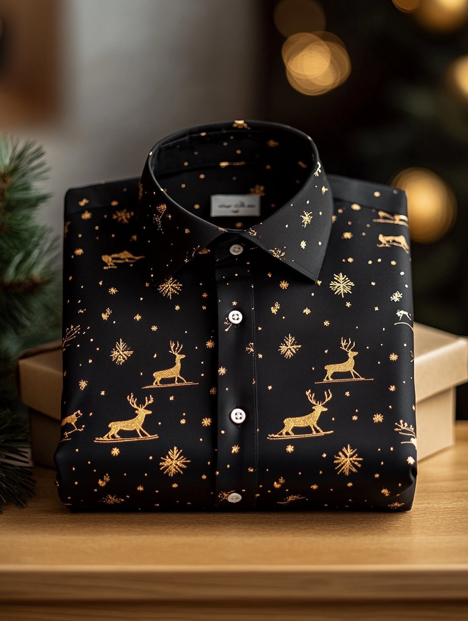 Camisa ejecutivo retro Christmas Elk Snowflake estampado de manga larga para hombre