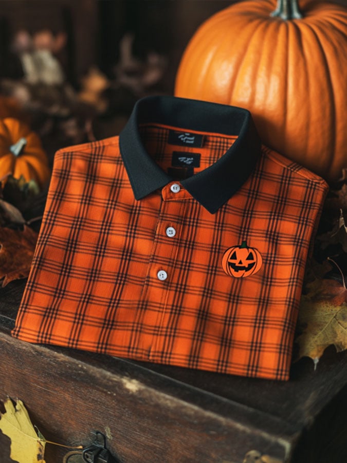 Camisa polo Halloween a cuadros Pumpkin casual estampado para hombre