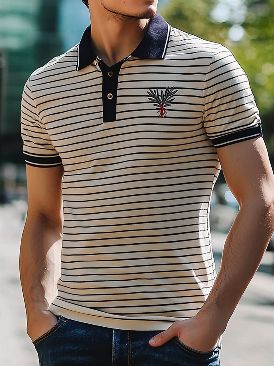 Camisa polo ejecutivo rayas Logo con botones de manga corta para hombre