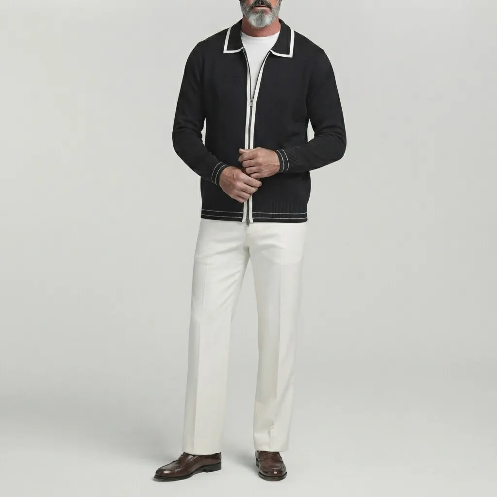 para hombre de color sólido Contrast Binding Turndown Collar Zipper tejidoted Cardigan