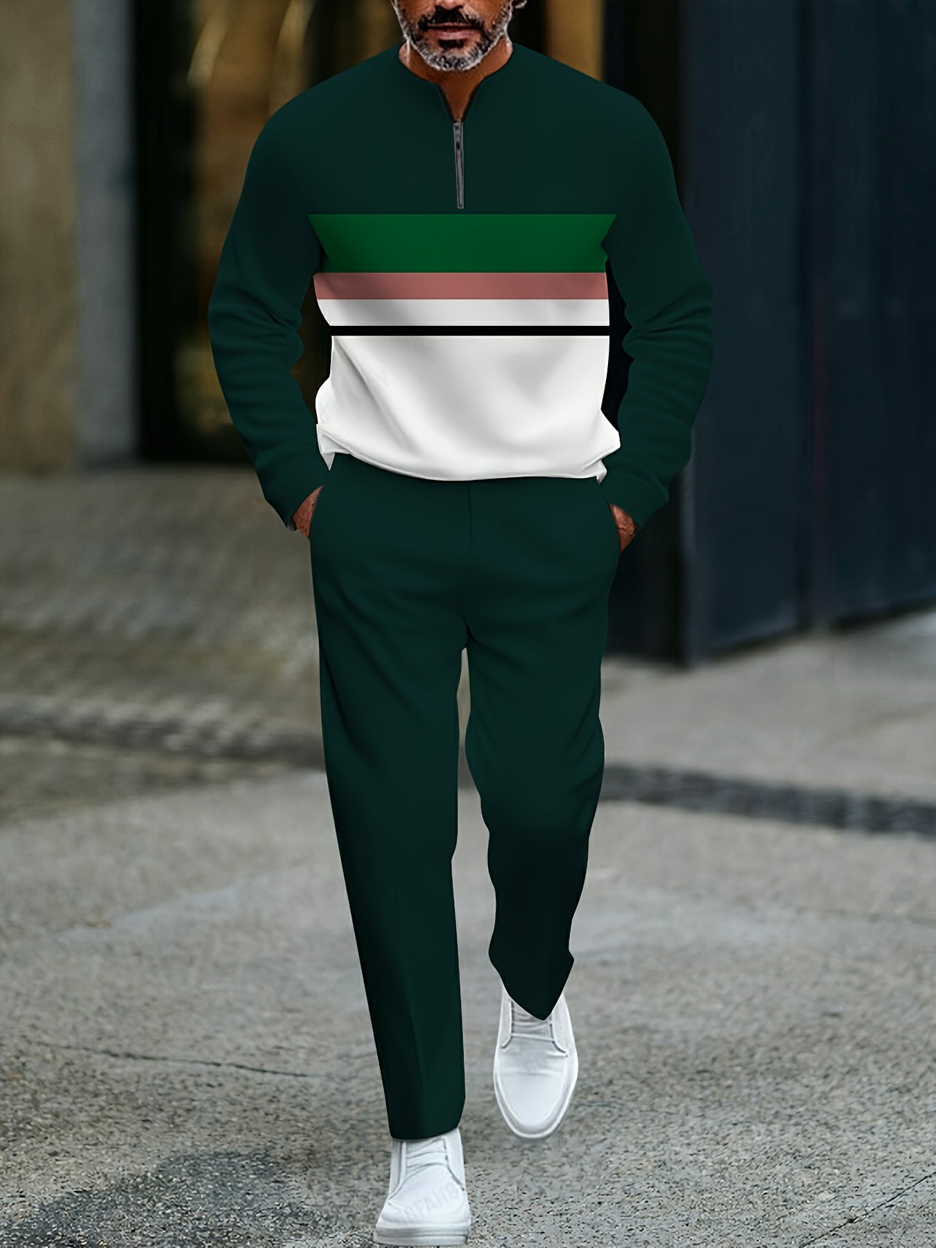 Conjunto de dos piezas casual Dark Green & White Color Matching a rayas estampado Round-Neck Zipper de manga larga Trousers para hombre
