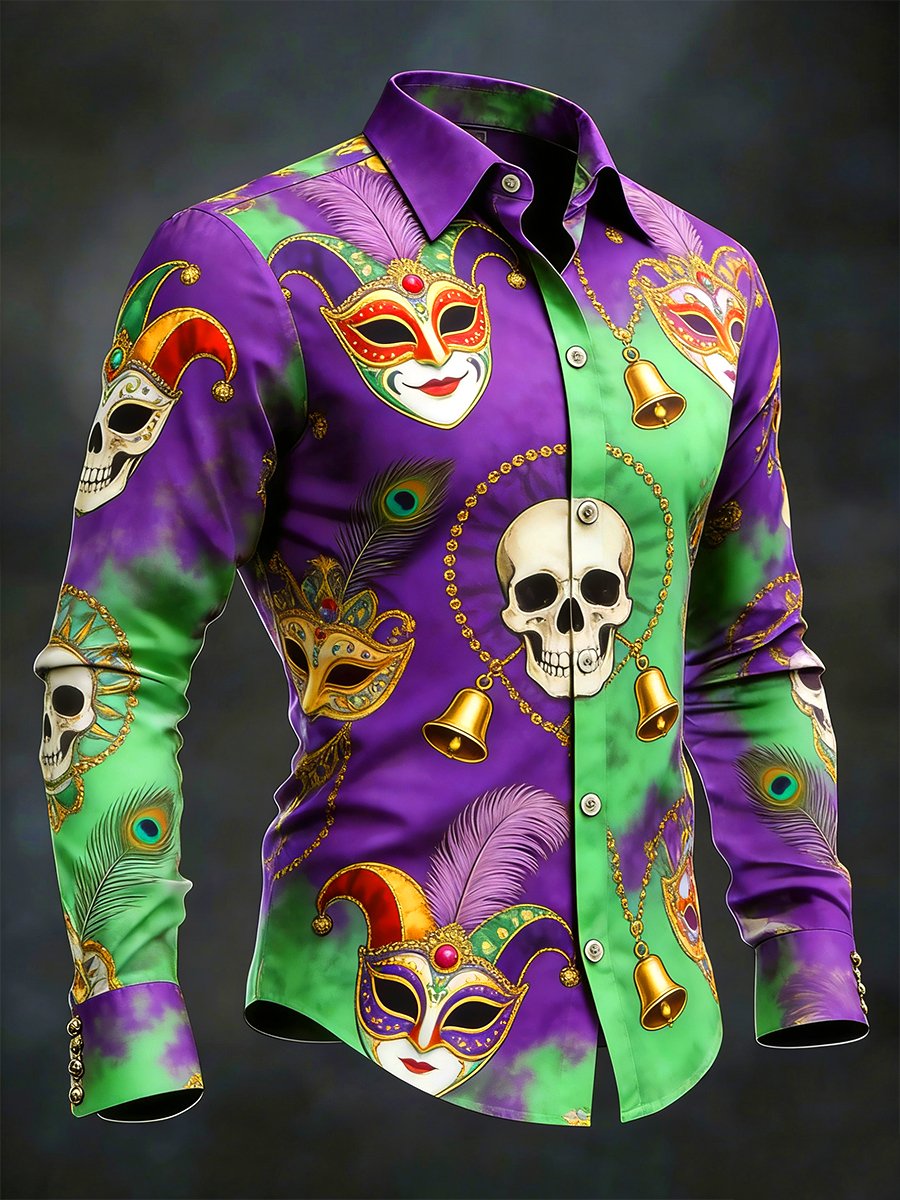 Camisa retro Carnival Skull de manga larga para hombre
