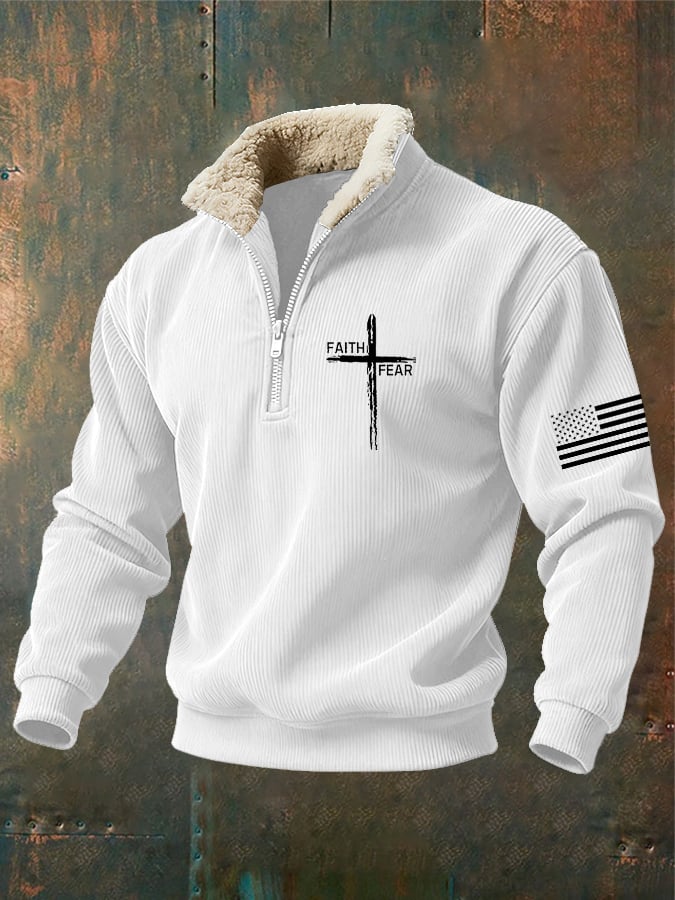 Sudadera retro Faith Cross estampado cierre Fur cuello de manga larga para hombre