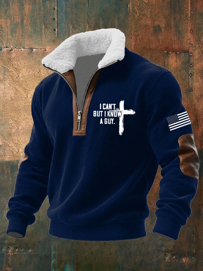 Sudadera I Can't But I Know A Guy estampado tejidoted Fabric cierre Fur cuello de manga larga para hombre