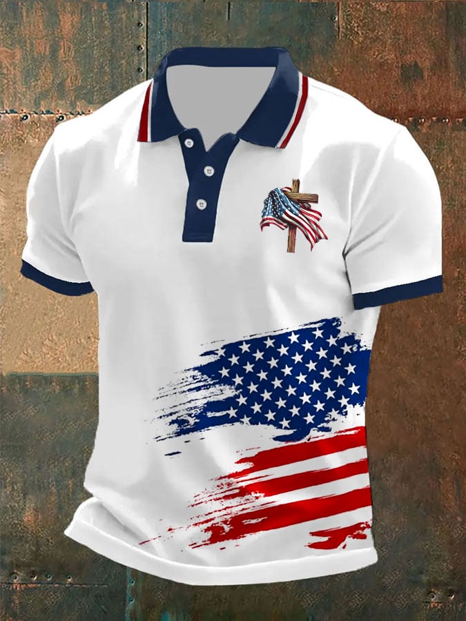 Camisa polo Independence Day retro Flag Cross para hombre