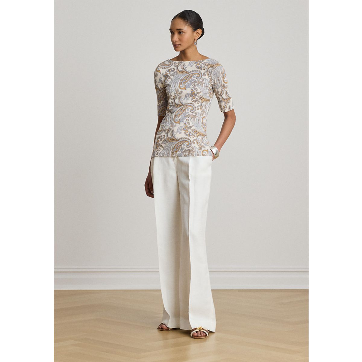 Petite Paisley Stretch Cotton Boatneck Tee - 4