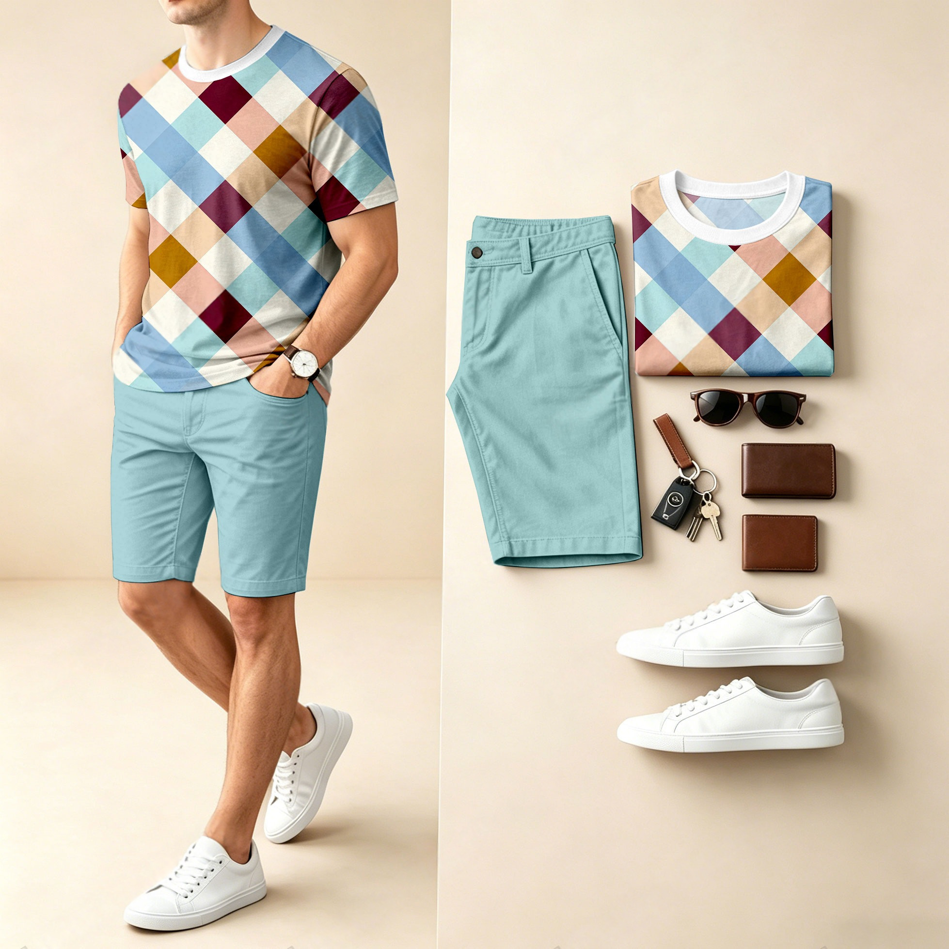 Conjunto de dos piezas casual Checkered Patchpara trabajo estampado Round-Neck de manga corta camiseta And shorts para hombre