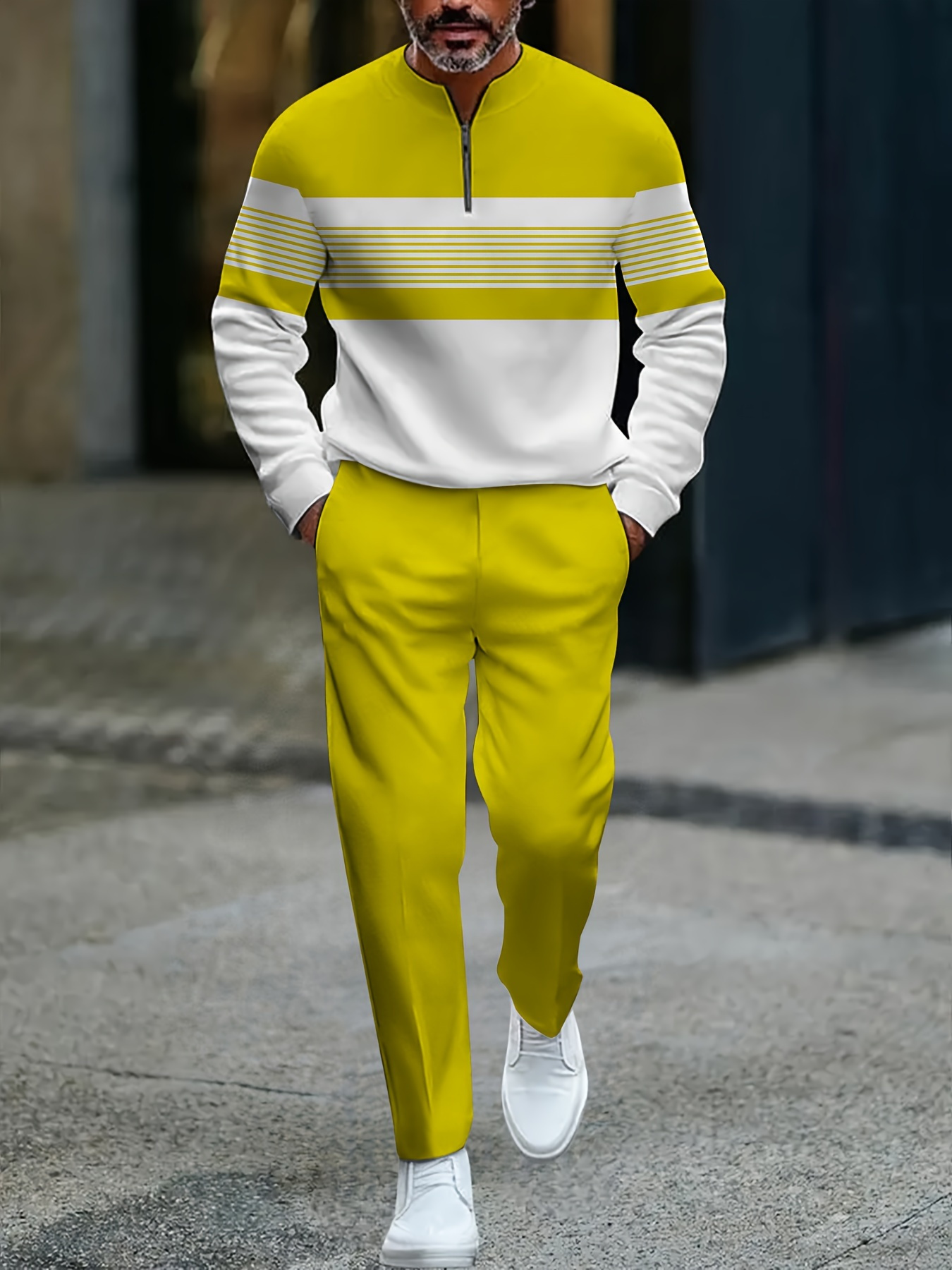 Conjunto de dos piezas casual Yellow & White Color Matching a rayas estampado Round-Neck Zipper de manga larga sudadera & Trousers para hombre