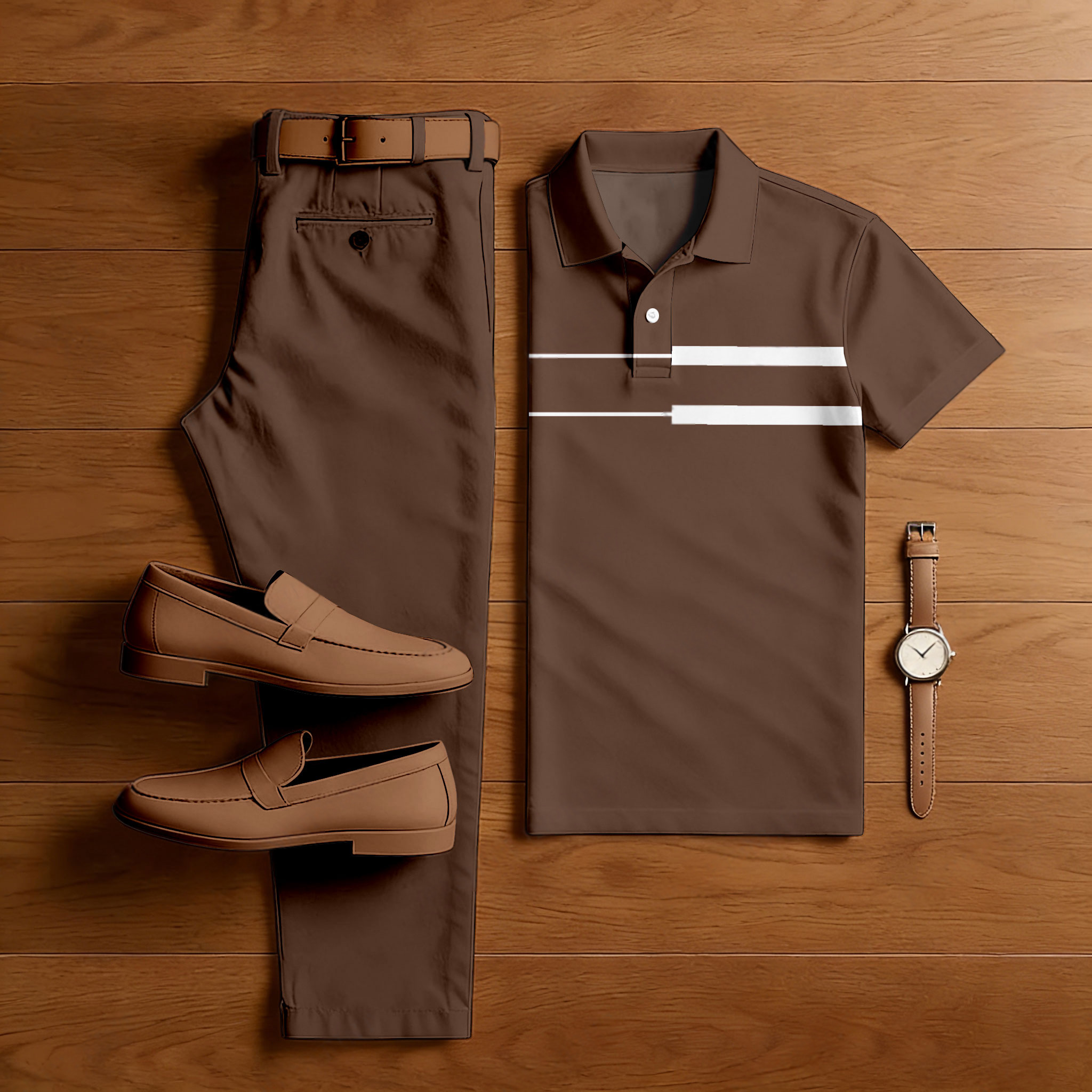 Conjunto de dos piezas casual Dark Coffee & White Color Matching a rayas estampado de manga corta camisa polo & Trousers para hombre