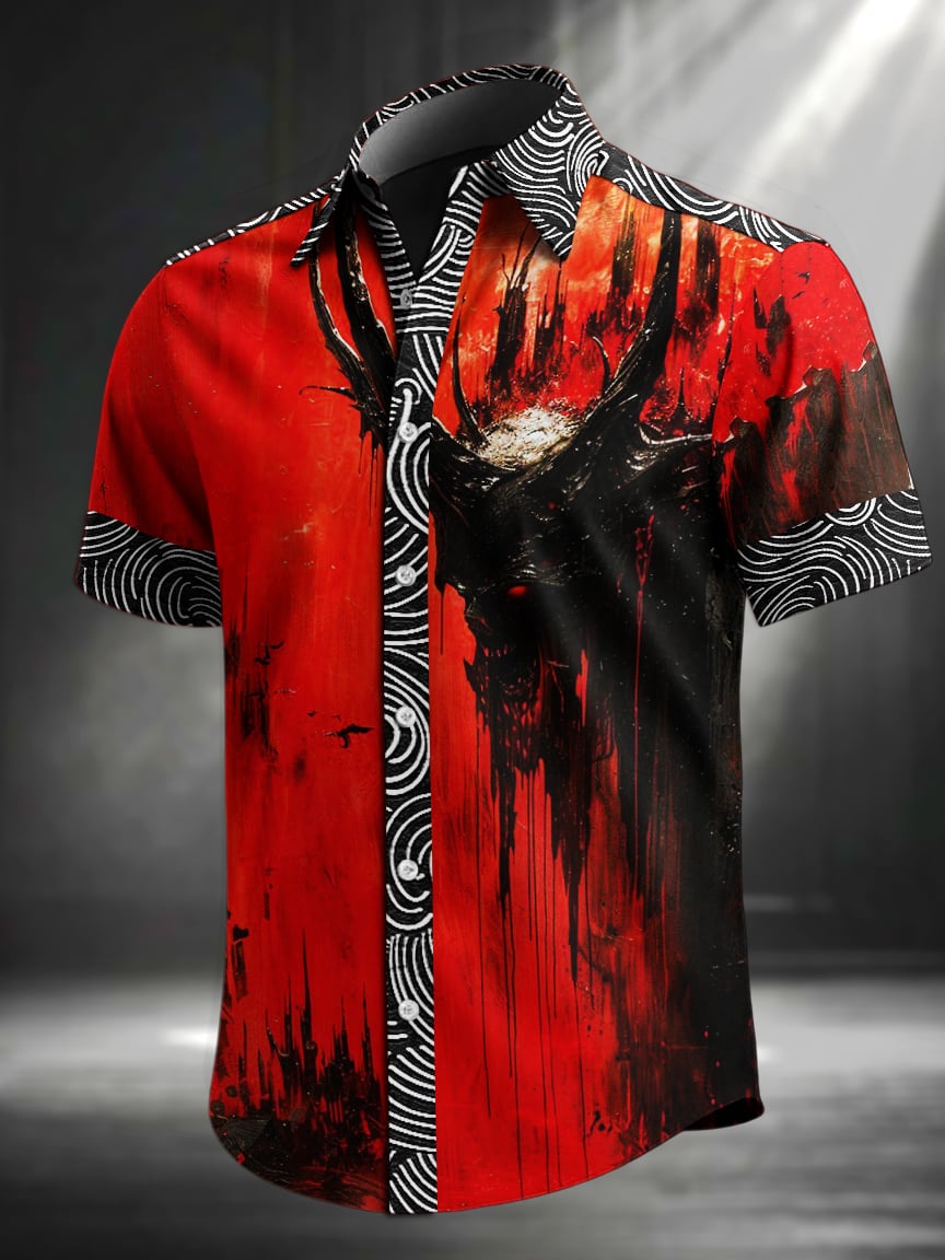 Camisa vintage Skull floral estampado solapa de manga corta para hombre